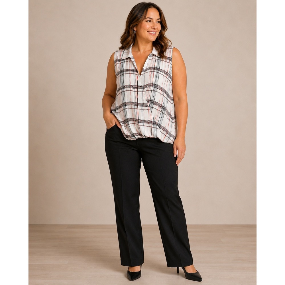 Jones New York Plaid Surplice Blouse | Short Sleeve Career Top | Medium